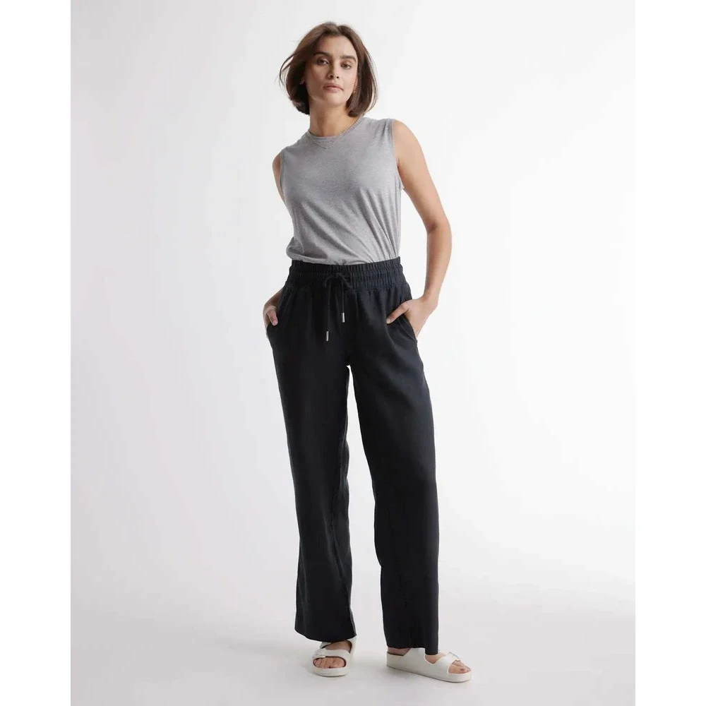 Quince Black European Linen Wide Leg Pants Smocked Waist 1X NWT